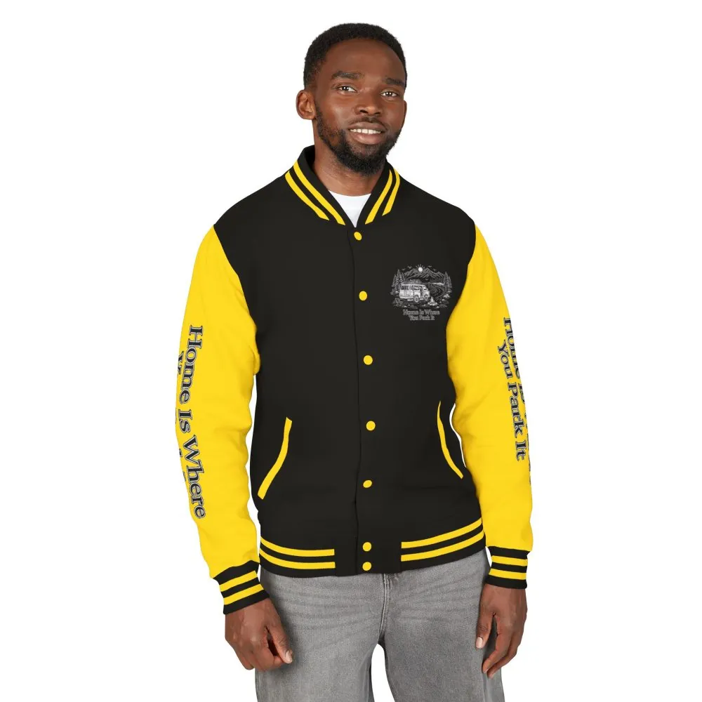 Unisex Heavyweight Letterman Jacket — "Home Is Where You Park It" Travel Varsity Coat