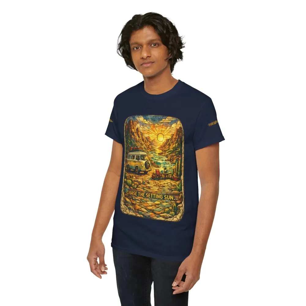Unisex Heavy Cotton Tee — "Chase The Settings Sun" Design Cubic-Line