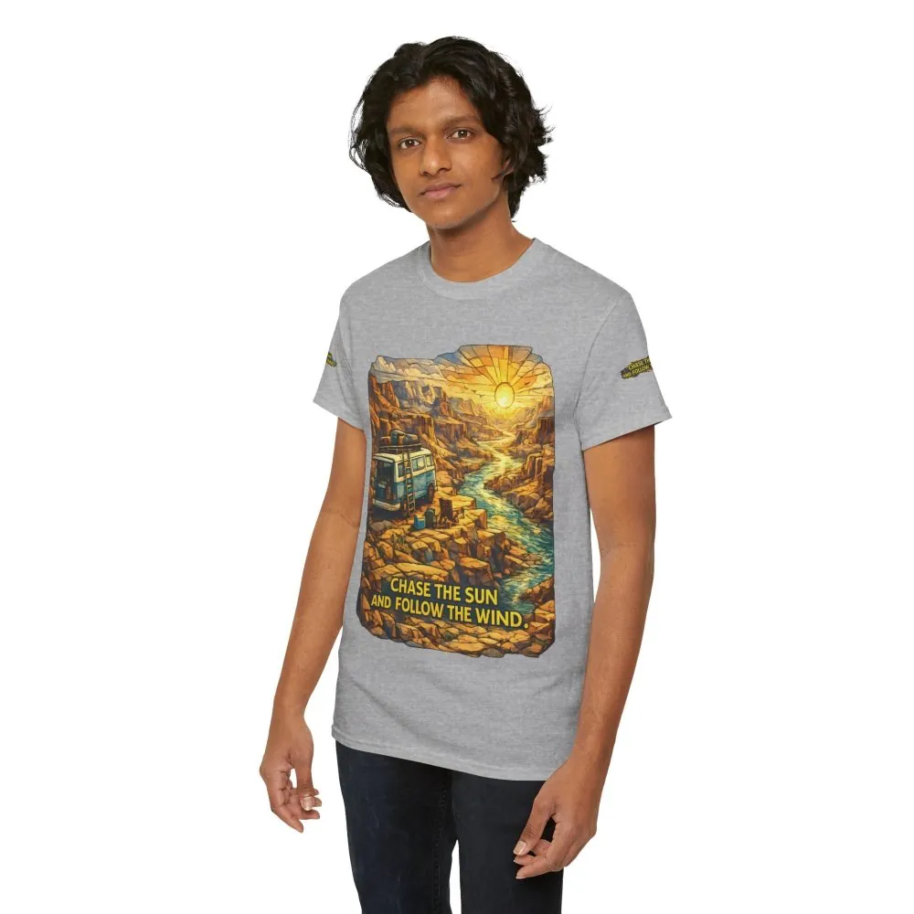Unisex Heavy Cotton Tee — "Chase The Sun And Follow The Wind" Design Cubic-Line