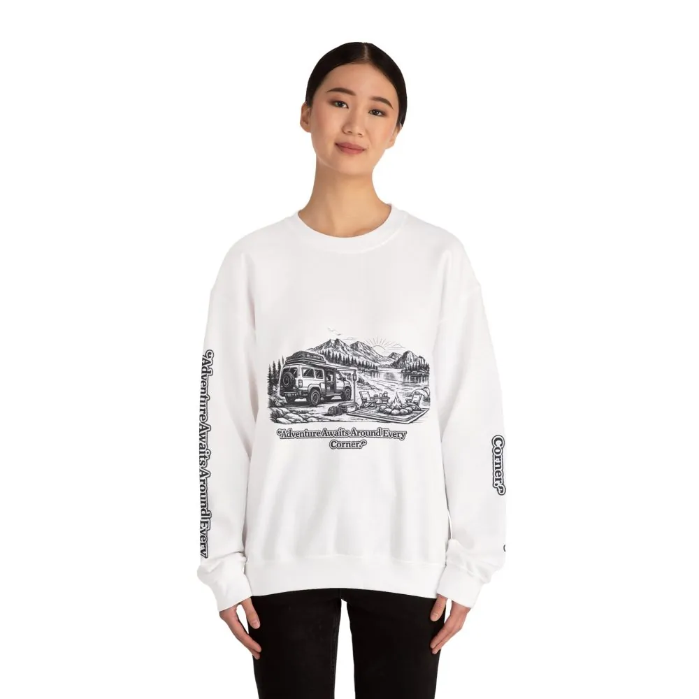 3157155402488157404_2048.jpeg Unisex Heavy Blend™ Crewneck Sweatshirt — "Adventure Awaits Around Every Corner" Design Minimal-Line