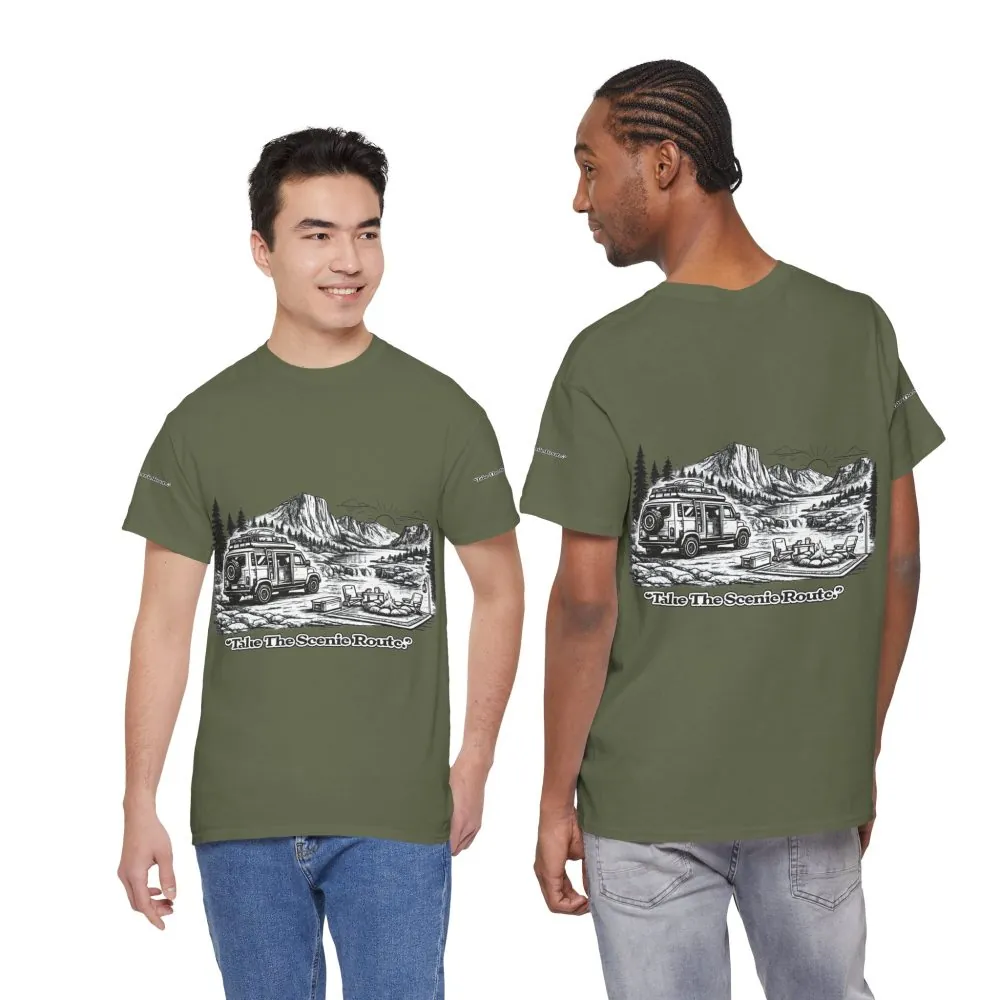 Unisex Heavy Cotton Tee — "Take The Scenic Route" Design Minimal-Line