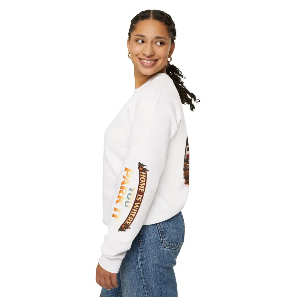 Unisex Heavy Blend™ Crewneck Sweatshirt — "Home Is Where You Park It" Design Scenic-Line