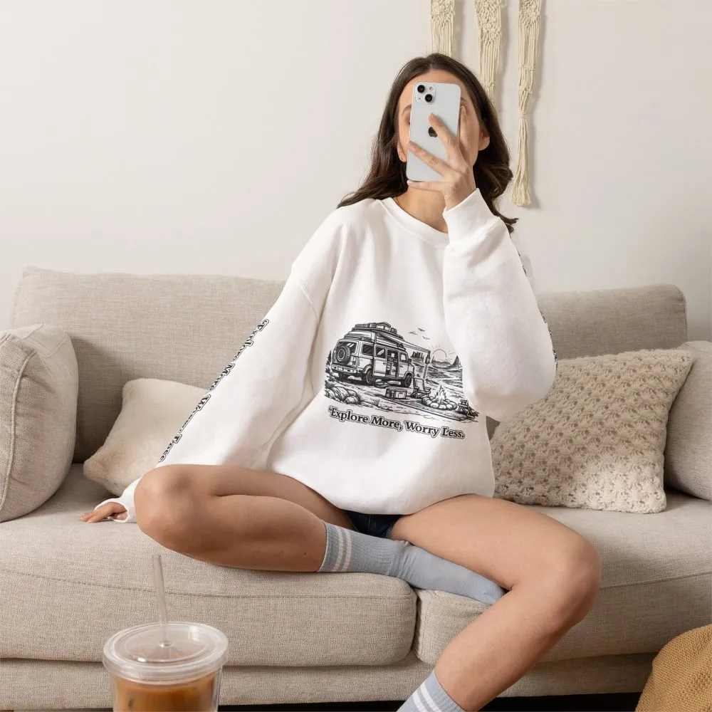 Unisex Heavy Blend™ Crewneck Sweatshirt — "Explore More Worry Less" Design Minimal-Line