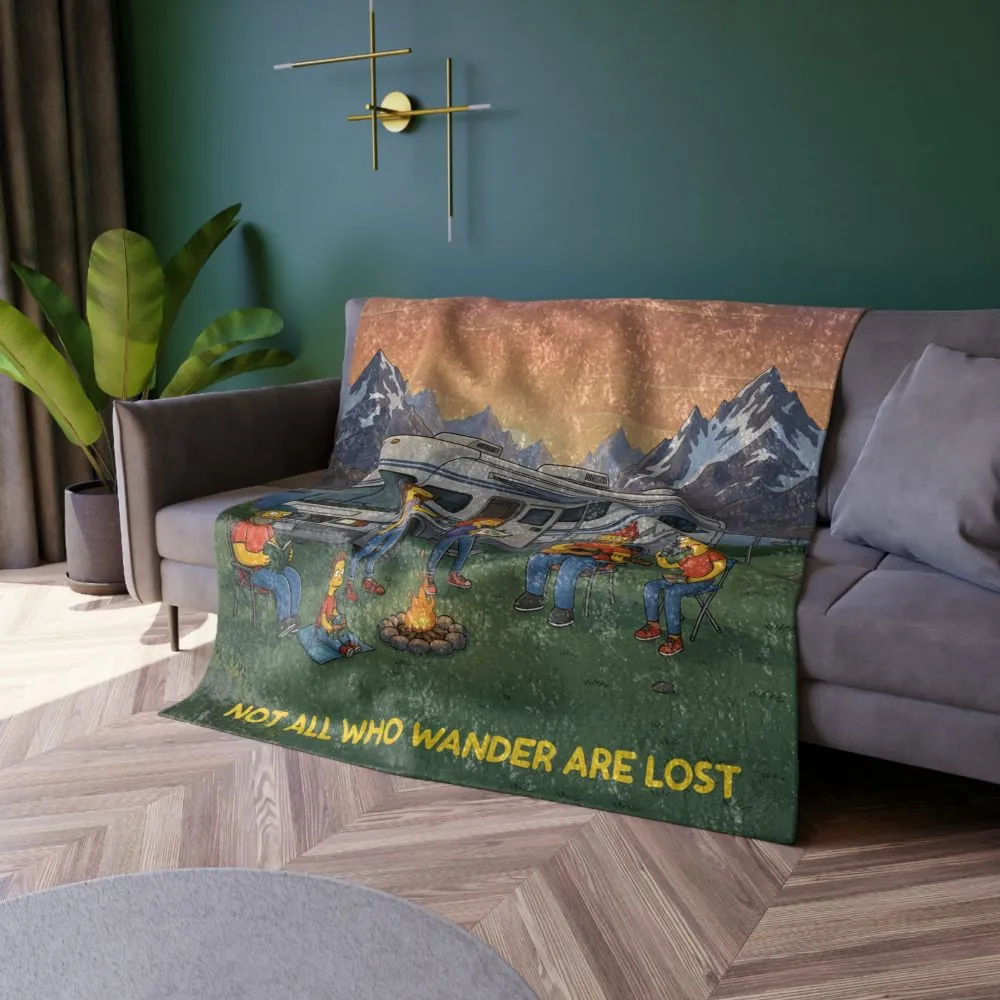 Crushed Velvet Blanket —"Not All Who Wander Are Lost" Design Sitcom-Line (Campervan)