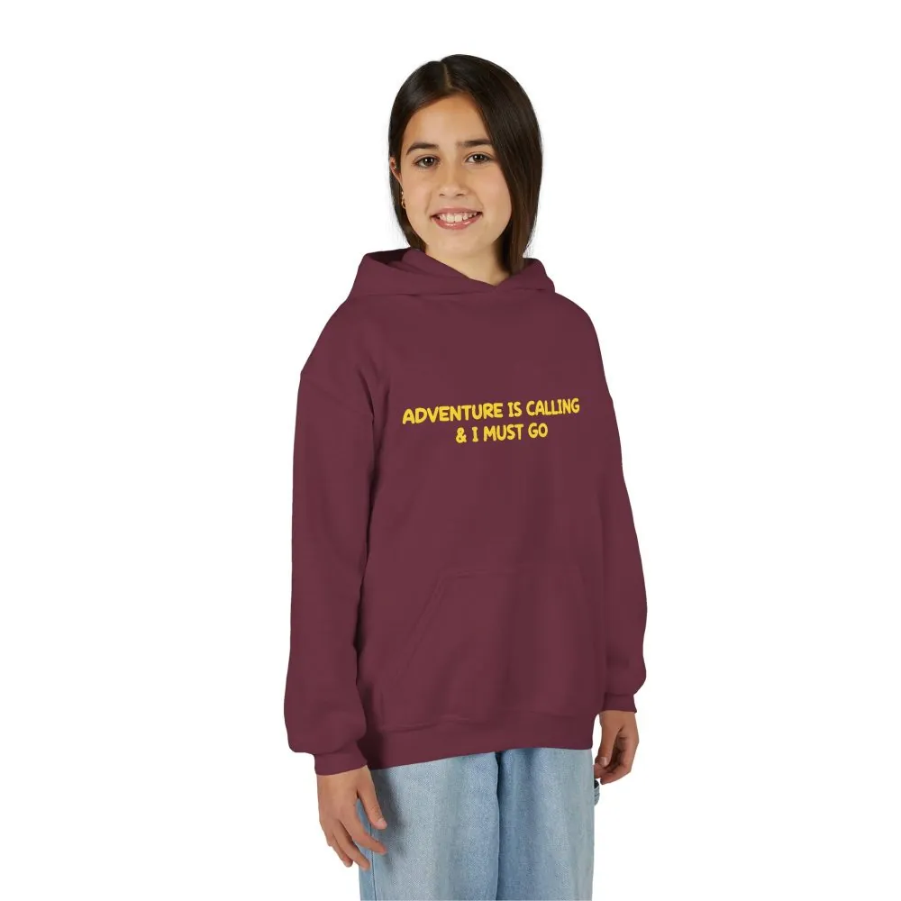 Youth Hoodie(Gildan) – "Adventure Is Calling-I Must Go" (Design Sitcom-Line)