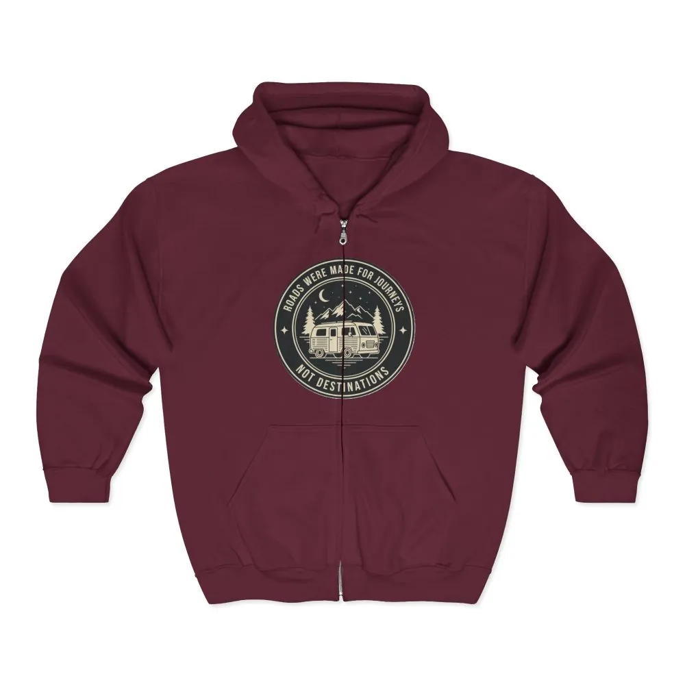 Zip Hoodie — "ROAD WHERE MADE FOR JOURNEYS-NOT DESTINATIONS"(Front + Back Printed) Camper Van Adventure Zip-Up