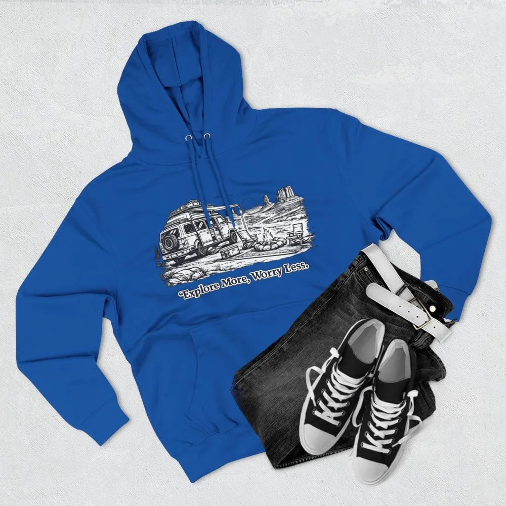 Three-Panel Fleece Hoodie - "Explore More Worry Less" Design Minimal-Line