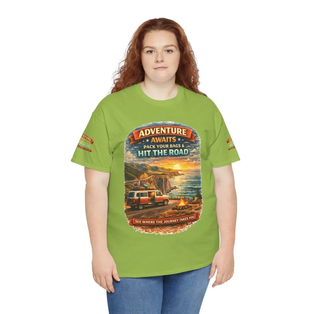 Unisex Heavy Cotton Tee — "Adventure Awaits-Pack Your Bags" Design Scenic-Line