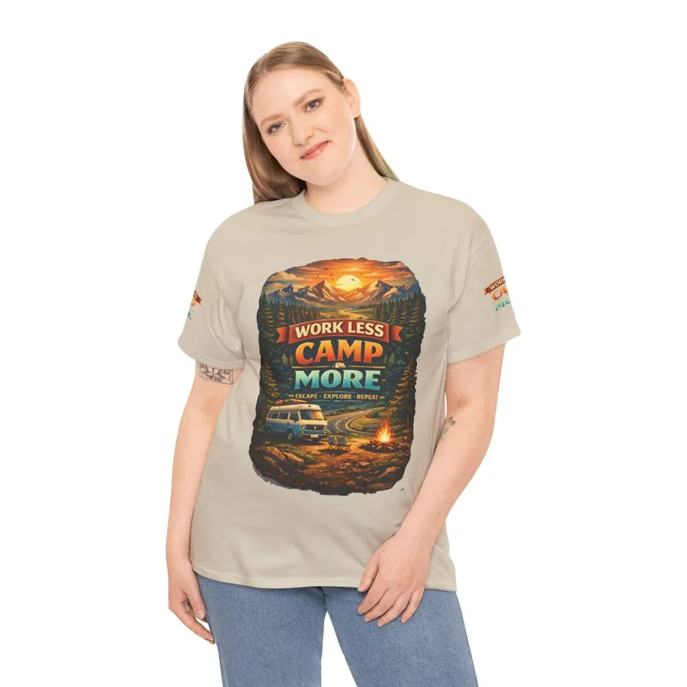 Unisex Heavy Cotton Tee — "Work Less Camp More" Design Scenic-Line