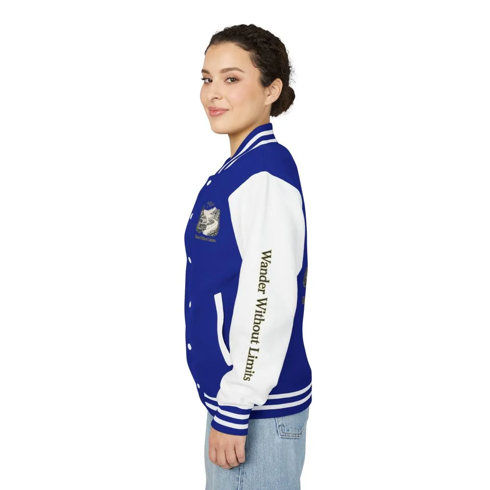 Unisex Heavyweight Letterman Jacket — "Wander Without Limits" Travel Varsity Coat