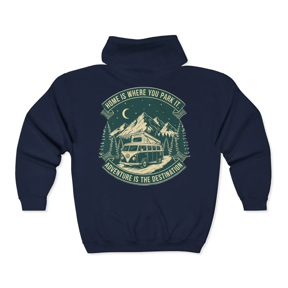 323049050232438907_2048.jpeg Zip Hoodie — "Home Is Where You Park It-Adventure is the destination"(Front + Back Printed) Camper Van Adventure Zip-Up