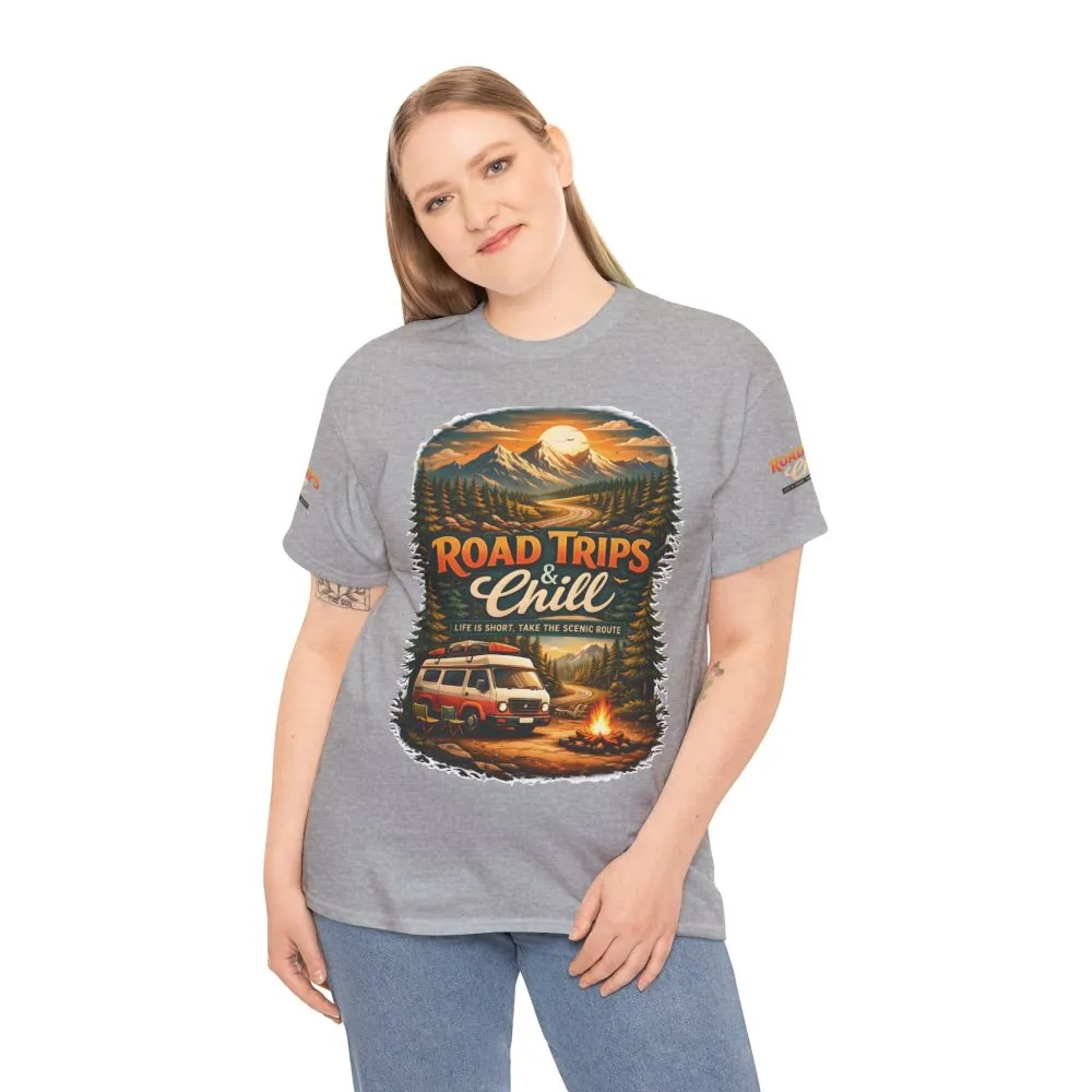 Unisex Heavy Cotton Tee — "Road Trips & Chill" Design Scenic-Line