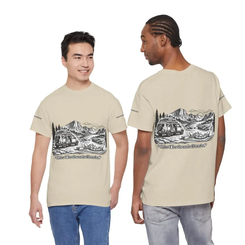 Unisex Heavy Cotton Tee — "Take The Scenic Route" Design Minimal-Line