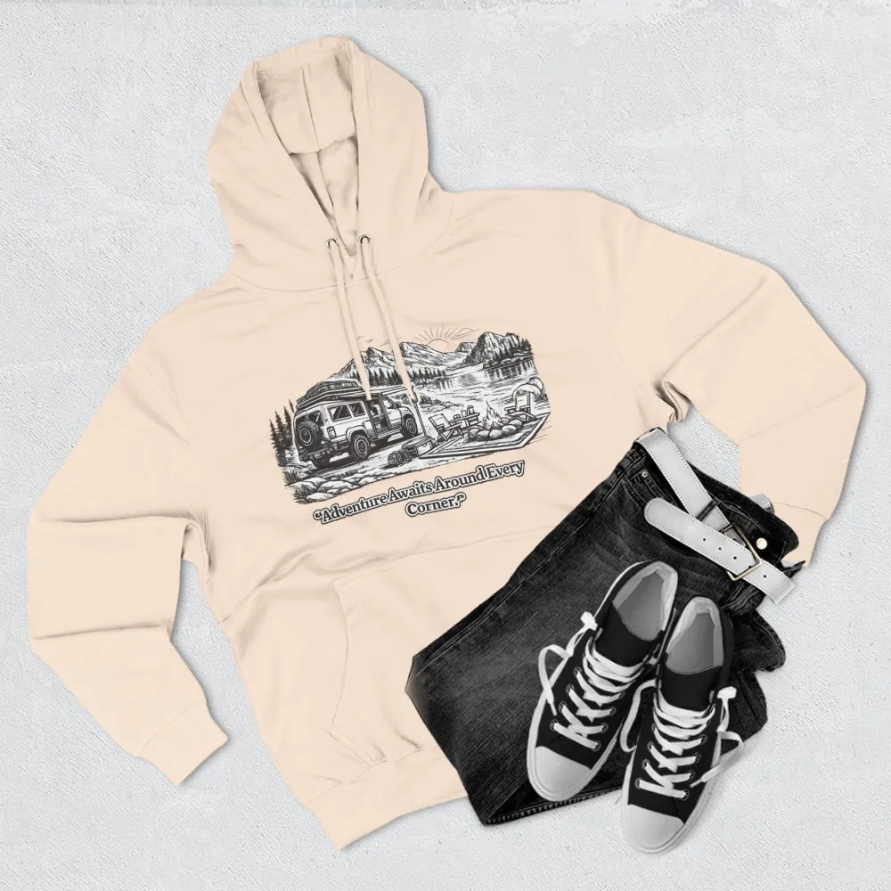 3274673007081957513_2048.jpeg Three-Panel Fleece Hoodie - "Adventure Awaits Around Every Corner" Design Minimal-Line