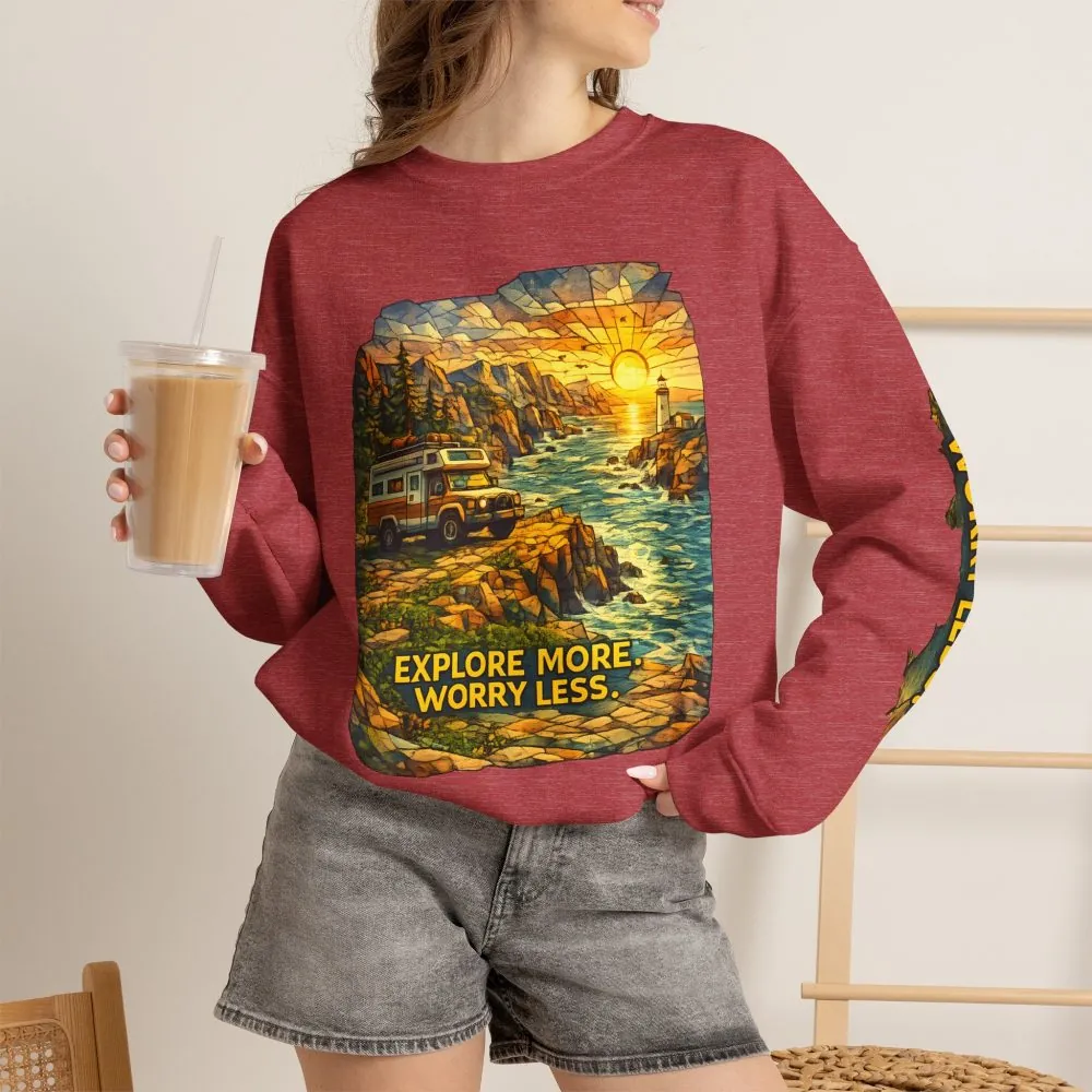 Unisex Heavy Blend™ Crewneck Sweatshirt — "Explore More Worry Less" Design Cubic-Line