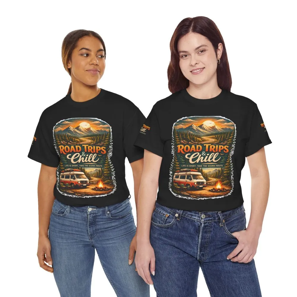 Unisex Heavy Cotton Tee — "Road Trips & Chill" Design Scenic-Line