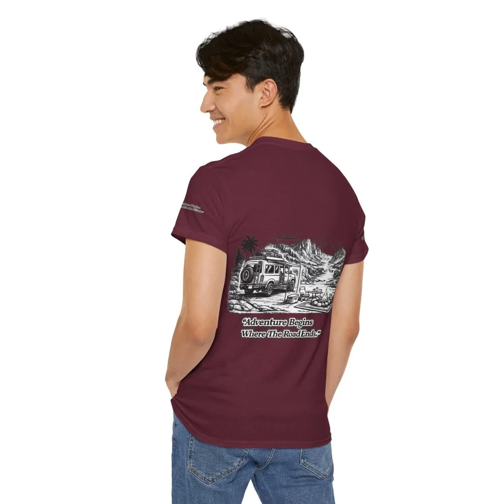 Unisex Heavy Cotton Tee — "Adventure Begins Where The Road Ends" Design Minimal-Line