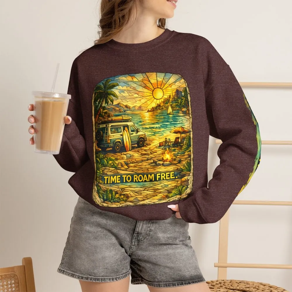 Unisex Heavy Blend™ Crewneck Sweatshirt — "Time To Roam Free" Design Cubic-Line
