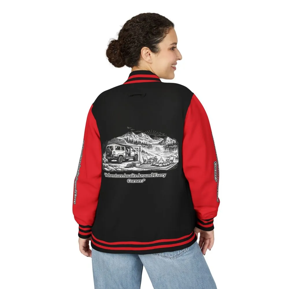 Unisex Heavyweight Letterman Jacket — "Adventure Awaits Around Every Corner" Travel Varsity Coat
