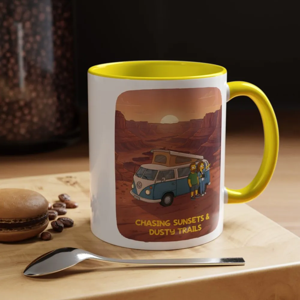 Accent Coffee Mug (11, 15oz) — "Chasing Sunsets And Dusty Trails" Design Sitcom-Line
