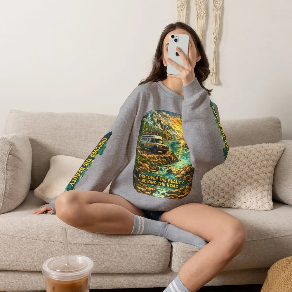 Unisex Heavy Blend™ Crewneck Sweatshirt — "Discover The Bieuty Beyond The Road" Design Cubic-Line