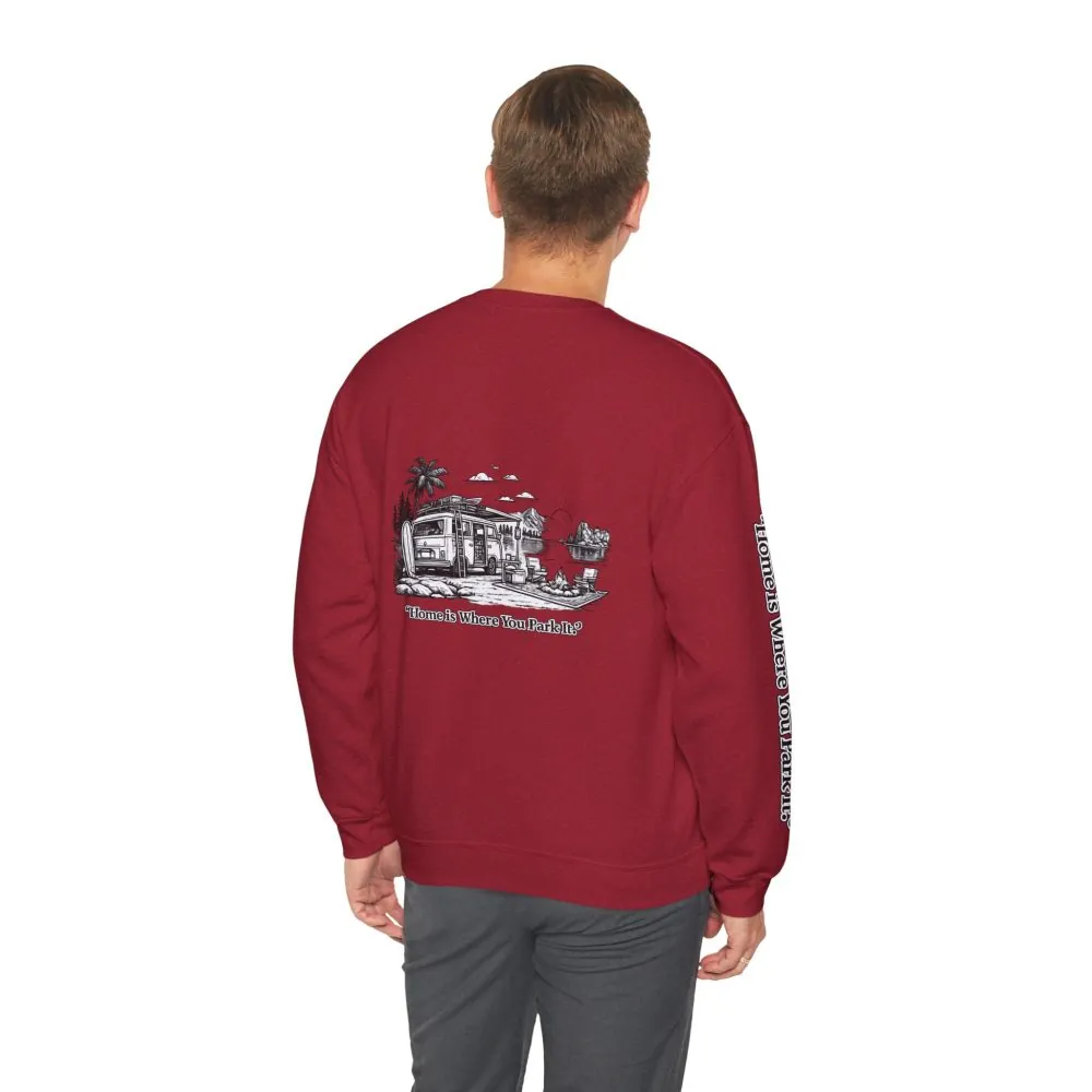 Unisex Heavy Blend™ Crewneck Sweatshirt — "Home Is Where You Park It" Design Minimal-Line