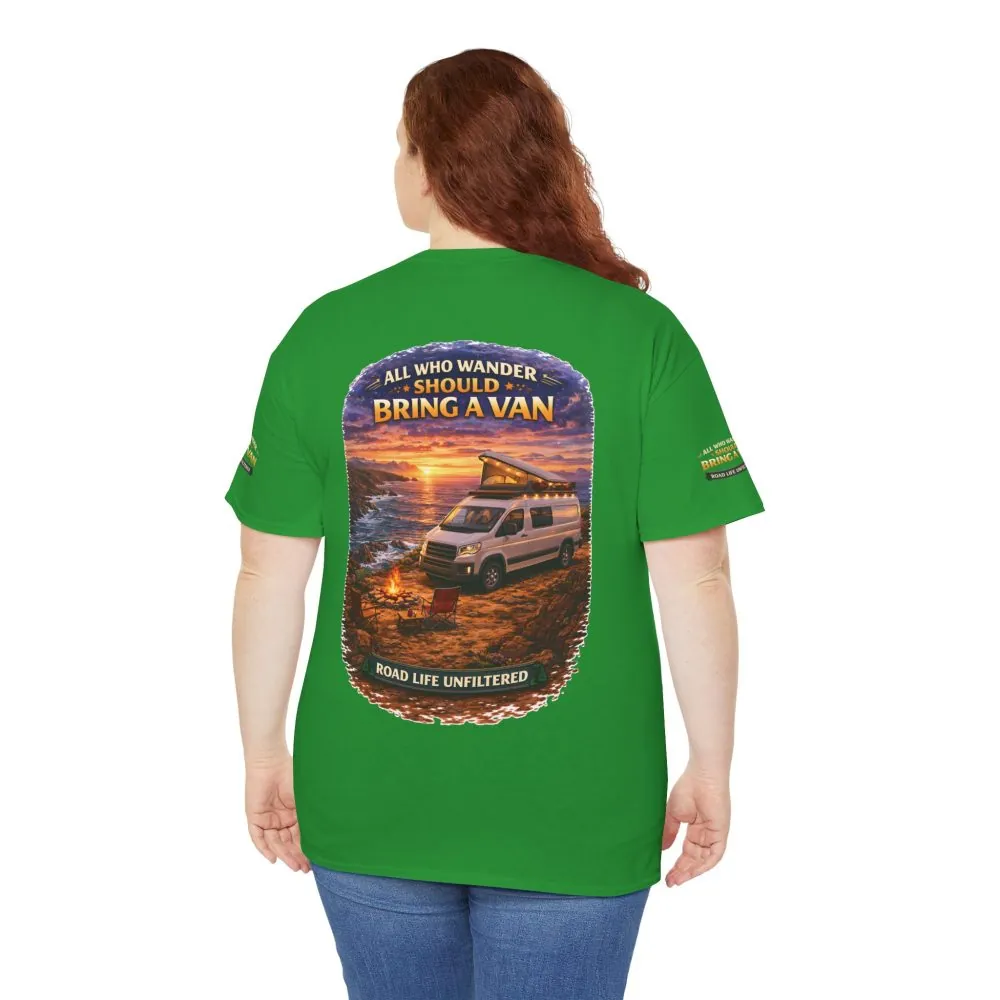 Unisex Heavy Cotton Tee — "All Who wander Should Bring A Van" Design Scenic-Line