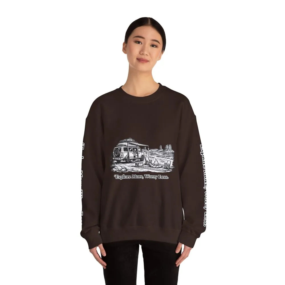 Unisex Heavy Blend™ Crewneck Sweatshirt — "Explore More Worry Less" Design Minimal-Line