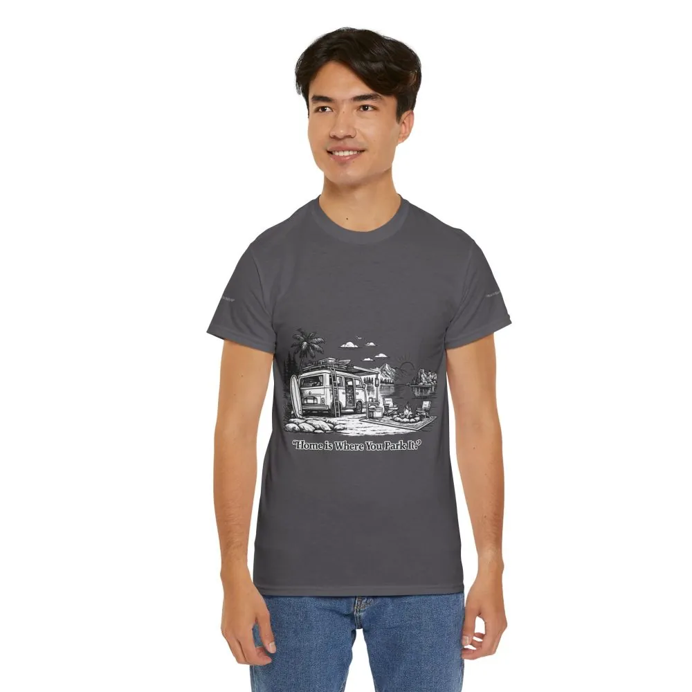 Unisex Heavy Cotton Tee — "Home Is Where You Park It" Design Minimal-Line