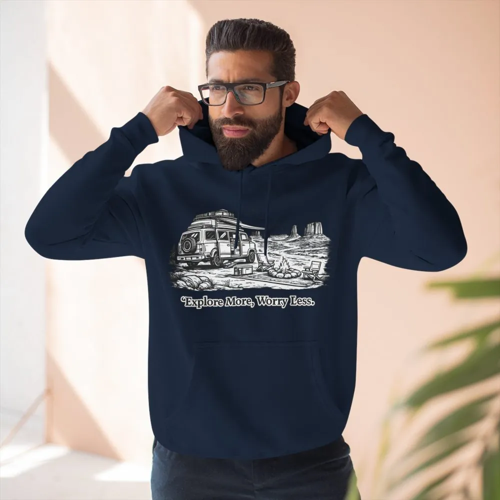 Three-Panel Fleece Hoodie - "Explore More Worry Less" Design Minimal-Line