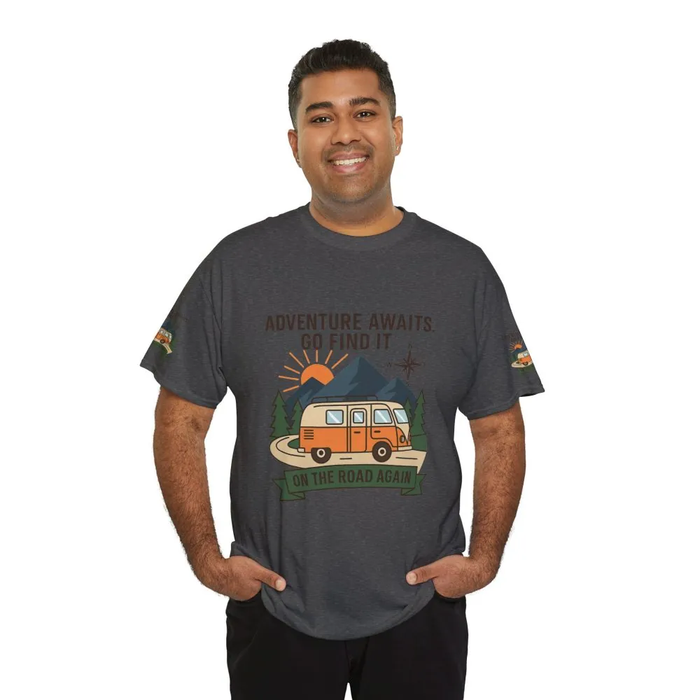 Unisex Heavy Cotton Tee — 'Adventure Awaits. Go Find It' Camper Van T‑Shirt