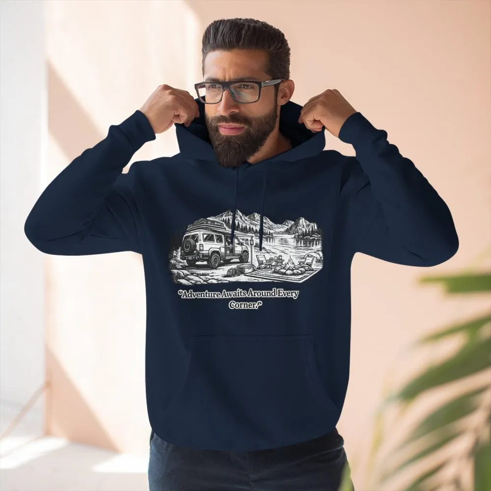 3386101377842957584_2048.jpeg Three-Panel Fleece Hoodie - "Adventure Awaits Around Every Corner" Design Minimal-Line