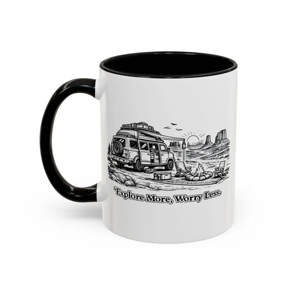 Accent Coffee Mug (11, 15oz) — "Explore More Worry Less" Design Minimal-Line