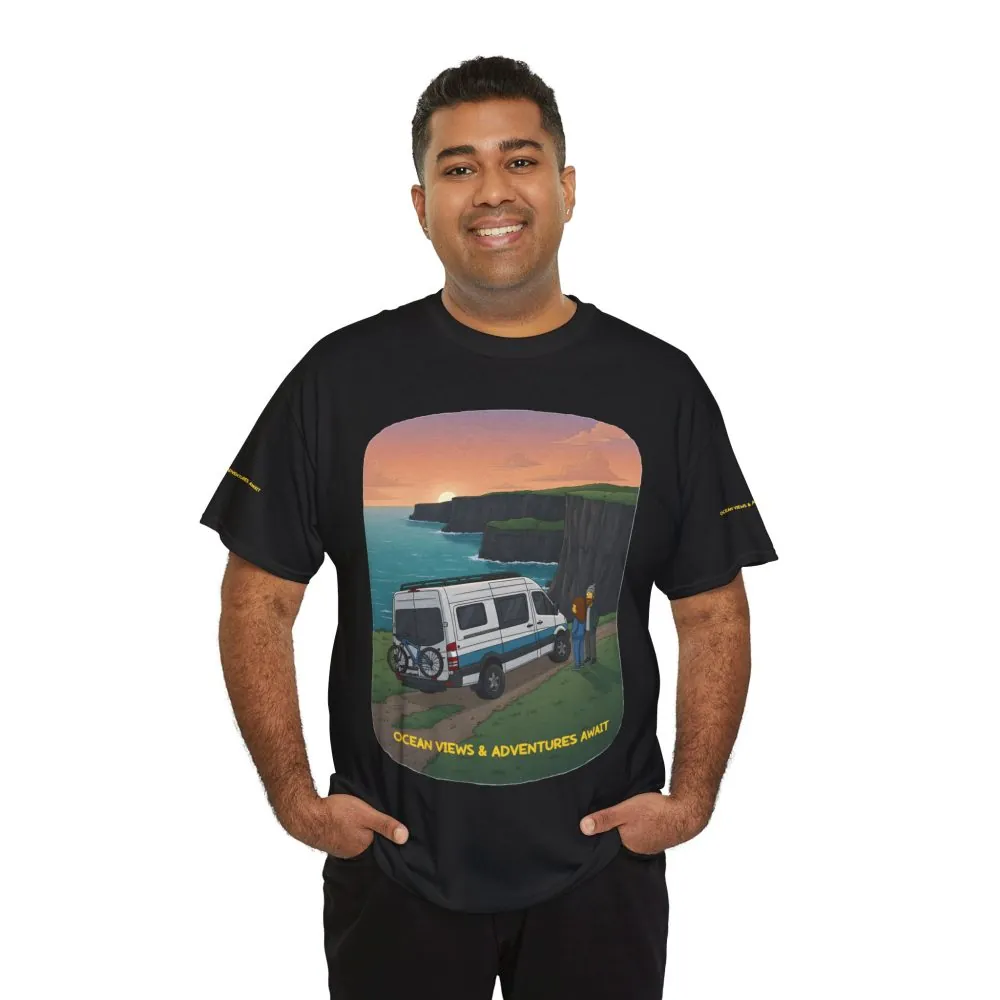 Unisex Heavy Cotton Tee — "Ocean Views-Adventures Awaits" Design Sitcom-Line