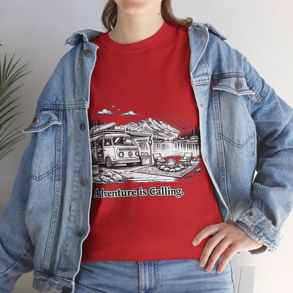 Unisex Heavy Cotton Tee — "Adventure Is Calling" Design Minimal-Line