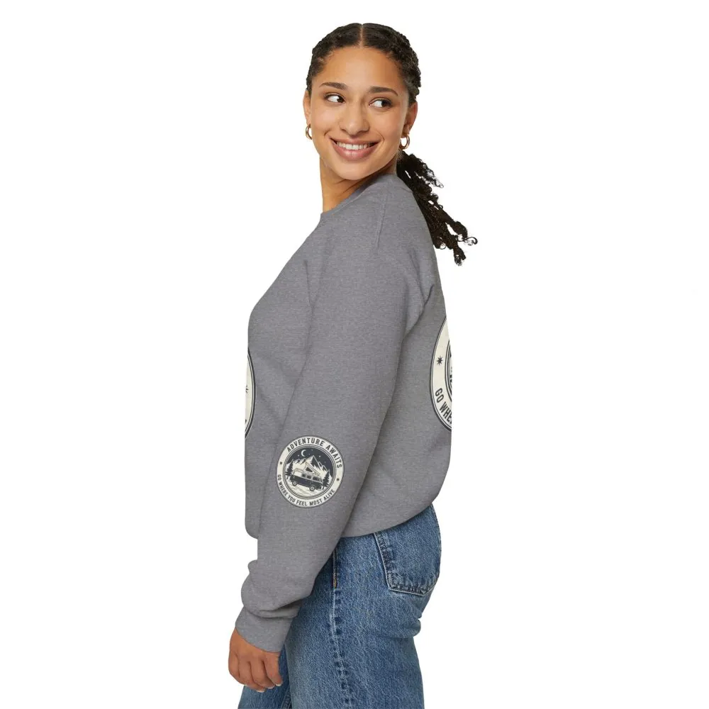 Crewneck Sweatshirt — "Adventure Awaits-Go Where You Feel Most Alive" (Font + Back + Sleaves printed) Vintage Camper Van Outdoor Graphic