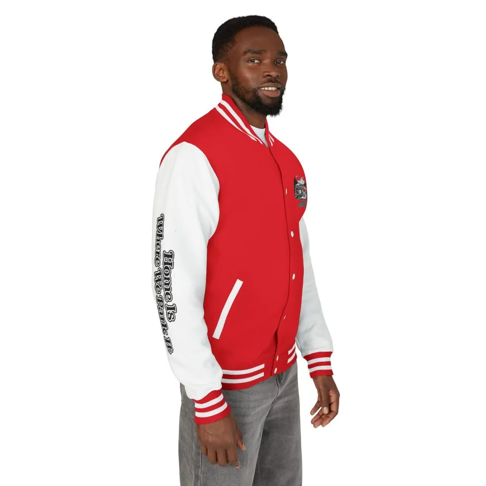 Unisex Heavyweight Letterman Jacket — "Home Is Where You Park It" Travel Varsity Coat