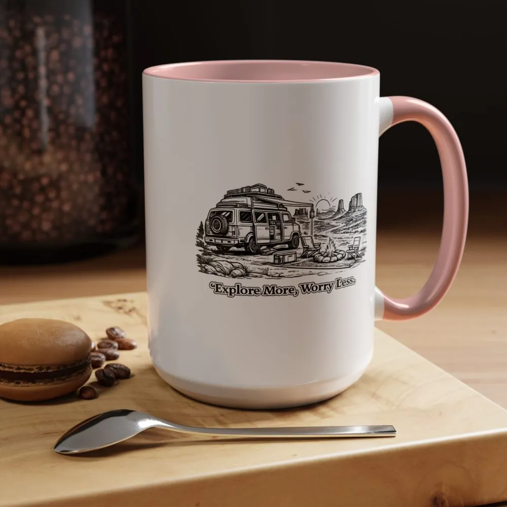 Accent Coffee Mug (11, 15oz) — "Explore More Worry Less" Design Minimal-Line