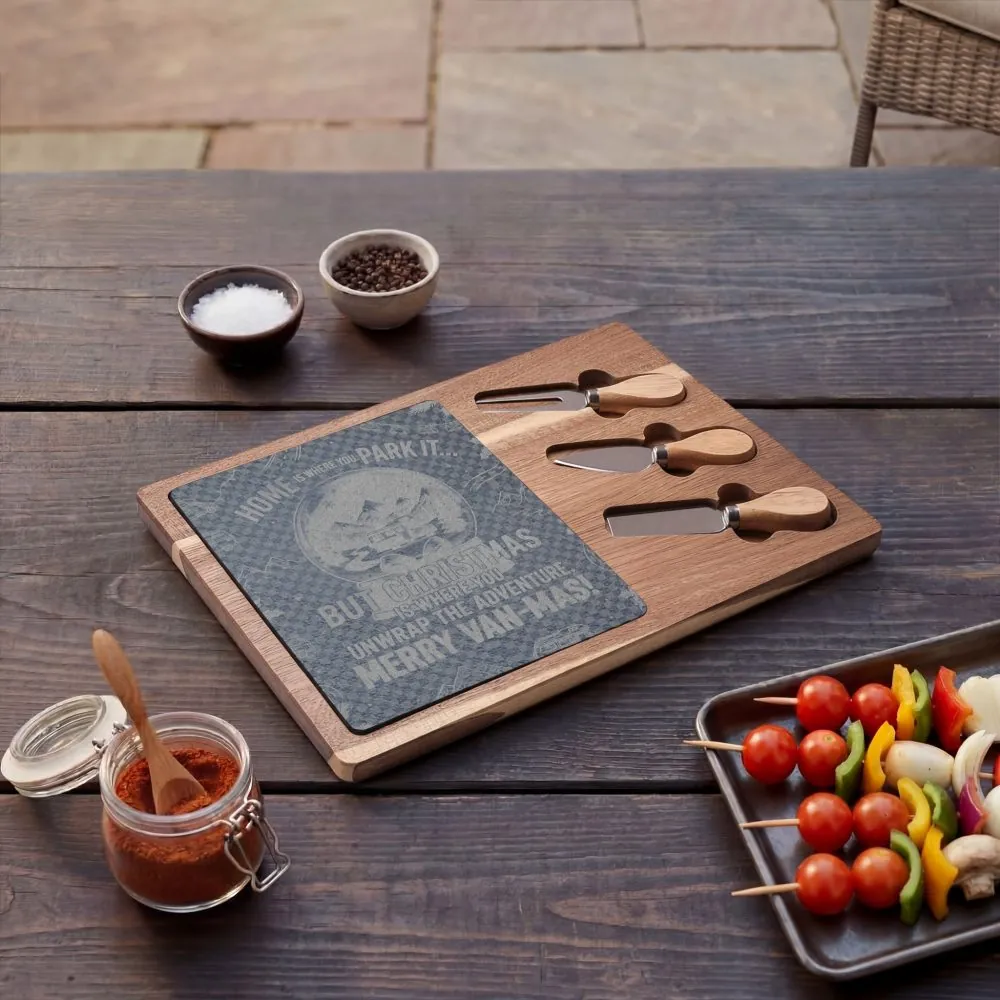 3444167203648549644_2048.jpeg "Gift" Engraved Oak Charcuterie Board with Cheese Tools — "Home Is Where You Park It-But Christmas Is Where You Unwrap The Adventure - Merry Van-mas"
