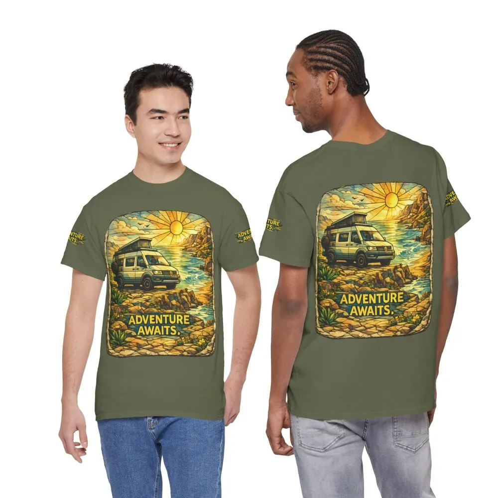 Unisex Heavy Cotton Tee — "Adventure Awaits" Design Cubic-Line