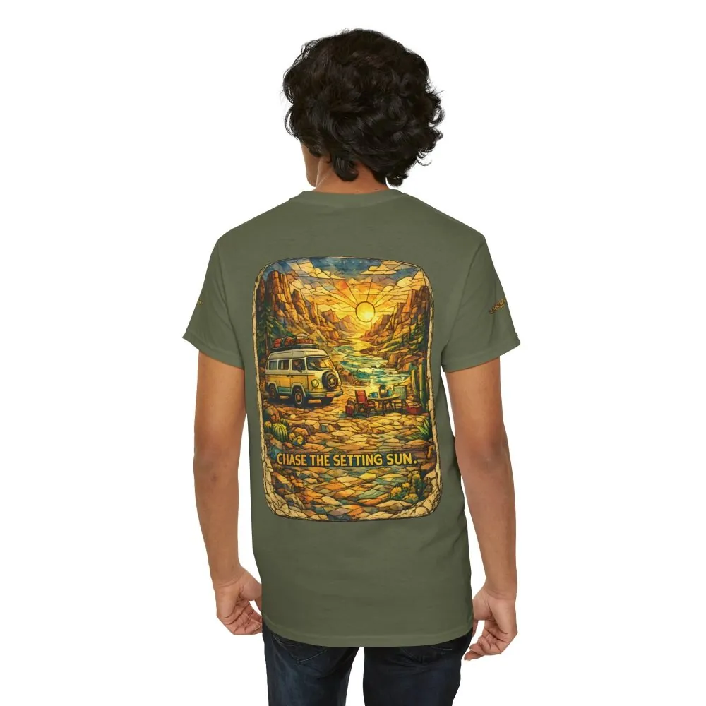 Unisex Heavy Cotton Tee — "Chase The Settings Sun" Design Cubic-Line