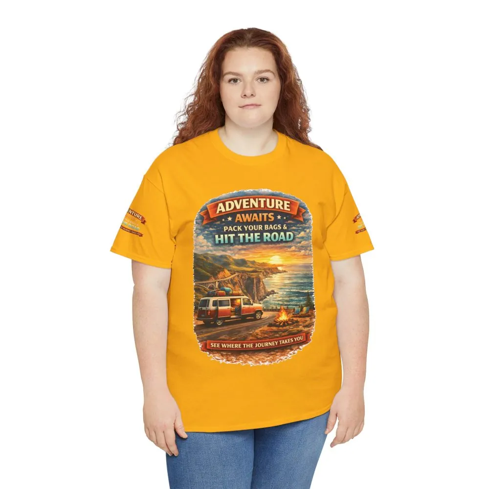Unisex Heavy Cotton Tee — "Adventure Awaits-Pack Your Bags" Design Scenic-Line