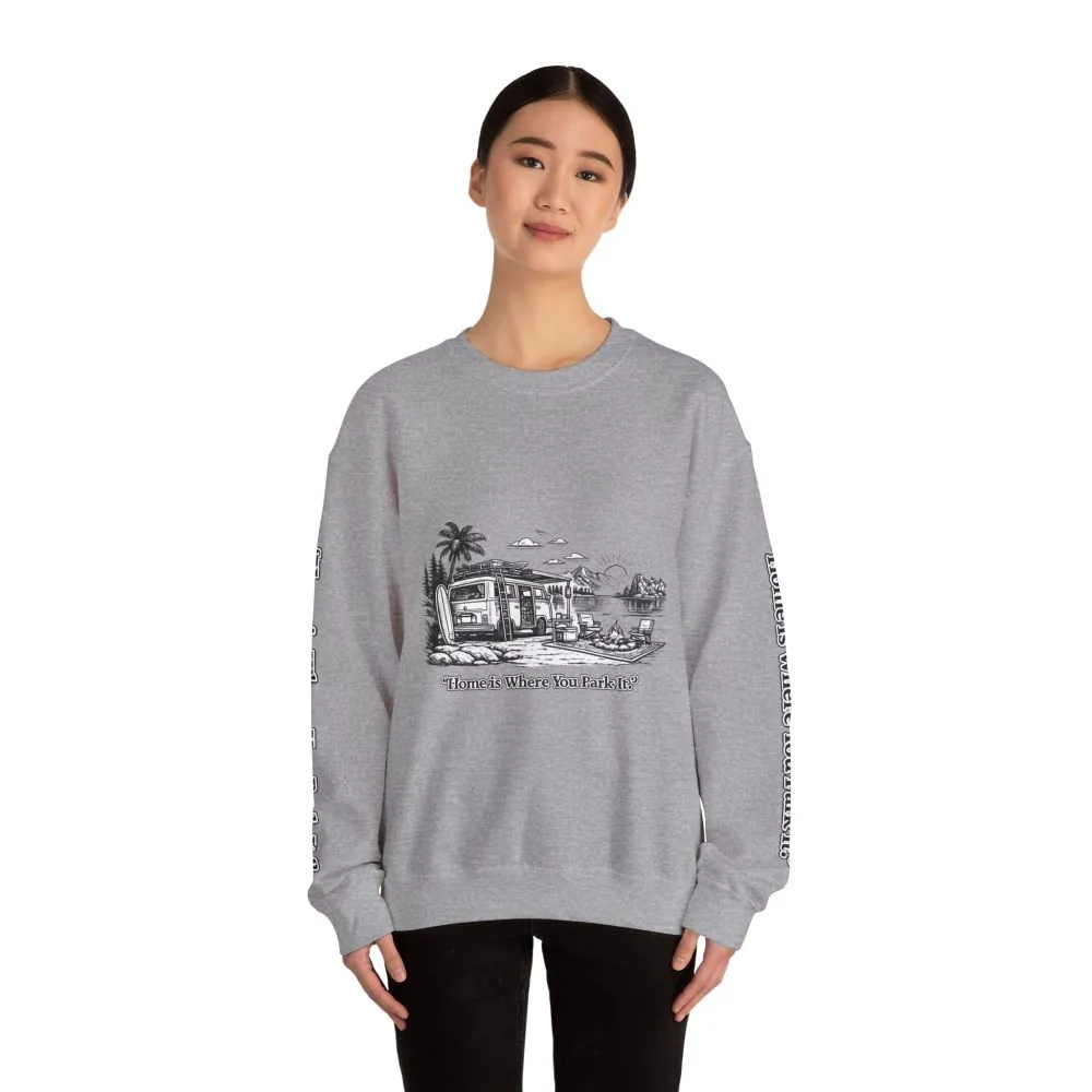 Unisex Heavy Blend™ Crewneck Sweatshirt — "Home Is Where You Park It" Design Minimal-Line