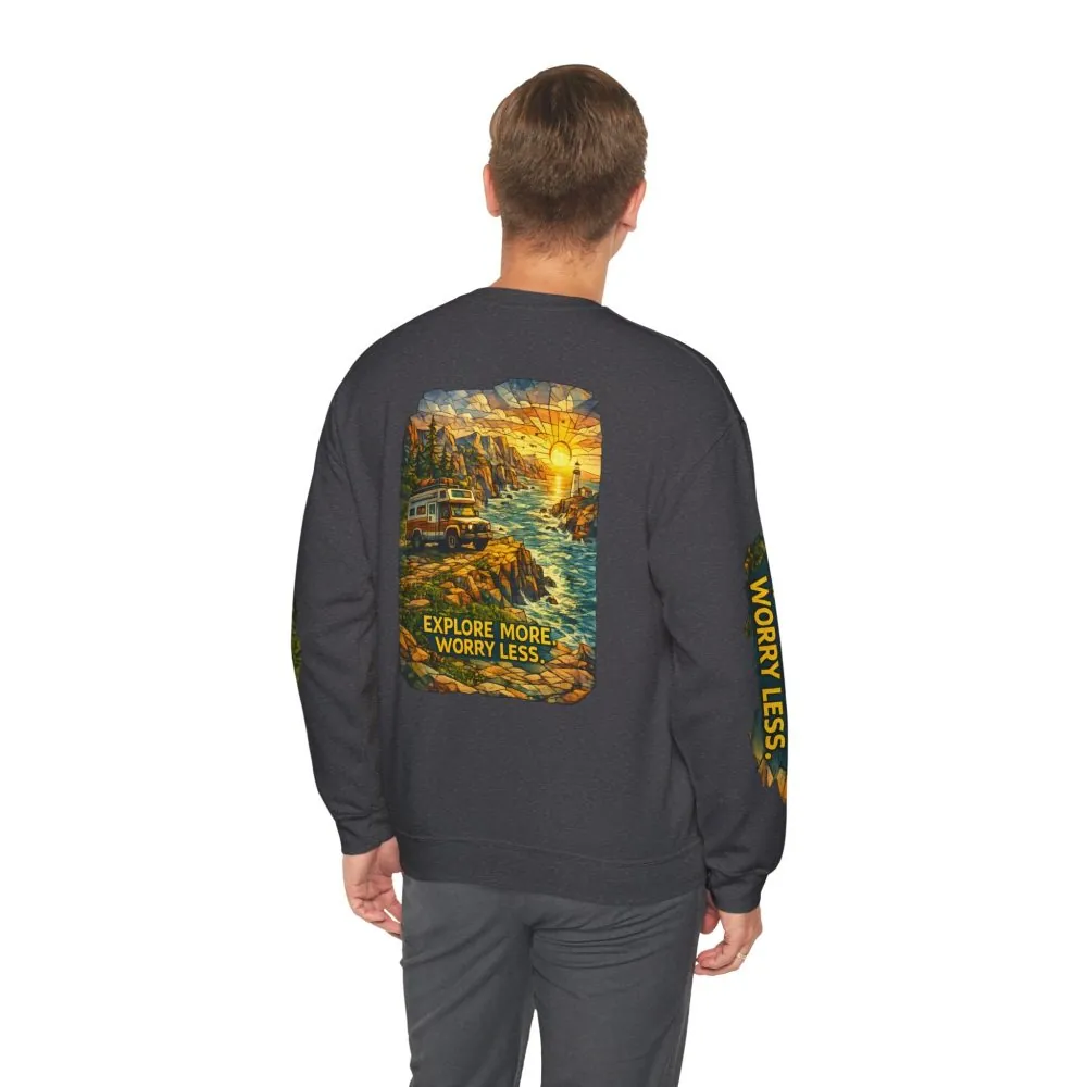 Unisex Heavy Blend™ Crewneck Sweatshirt — "Explore More Worry Less" Design Cubic-Line