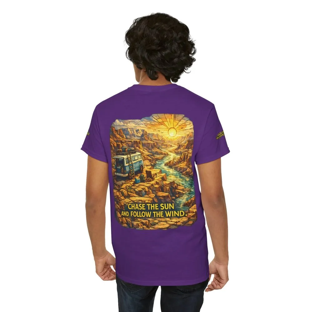 Unisex Heavy Cotton Tee — "Chase The Sun And Follow The Wind" Design Cubic-Line