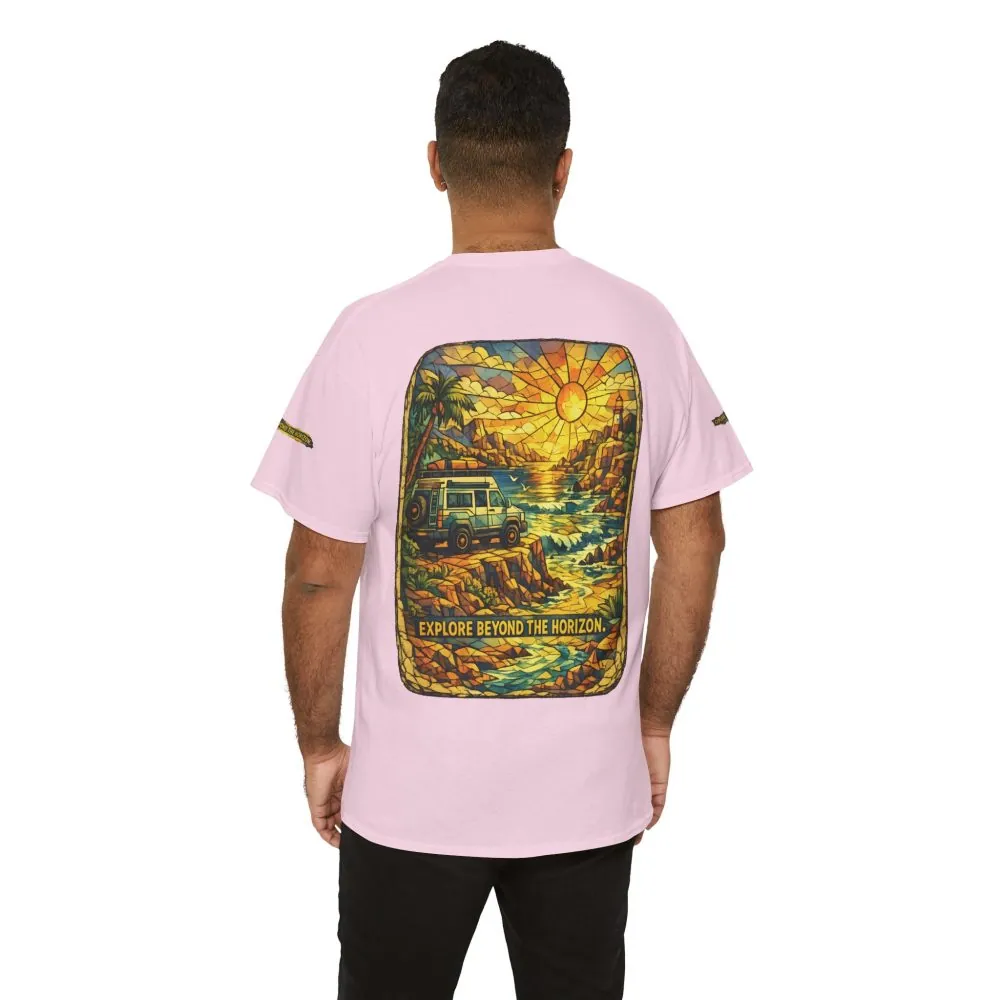 Unisex Heavy Cotton Tee — "Explore Beyond The Horizon" Design Cubic-Line