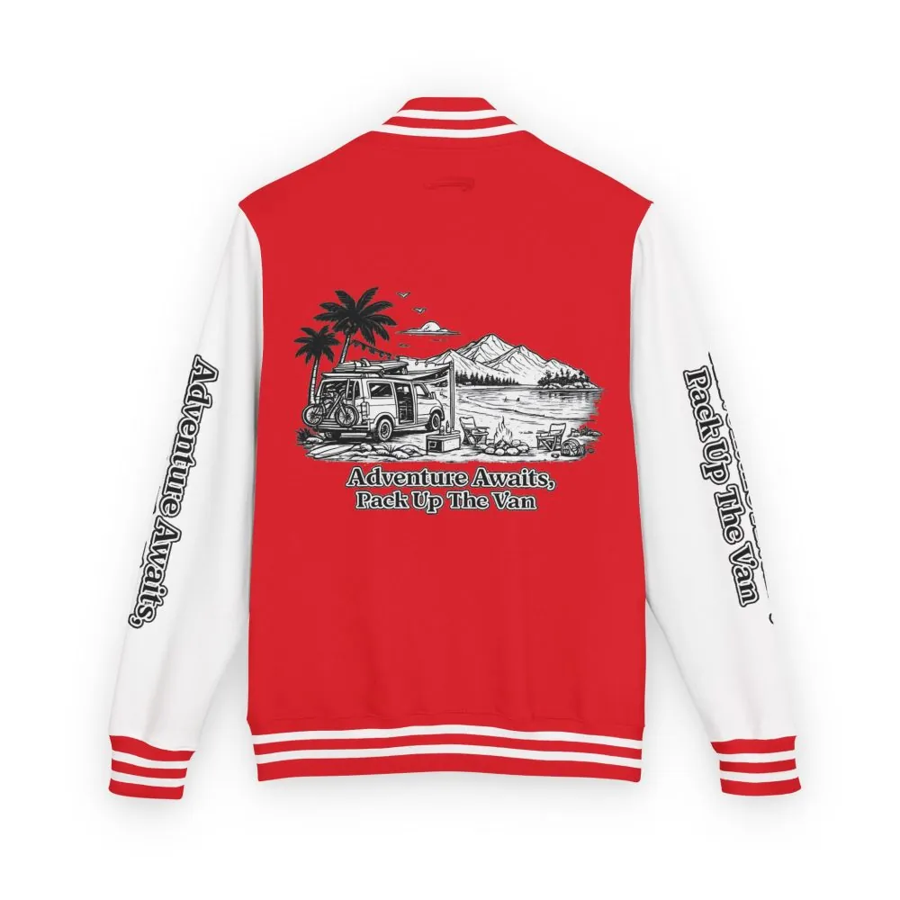 Unisex Heavyweight Letterman Jacket — "Adventure Awaits,Pack Up The Van" Travel Varsity Coat