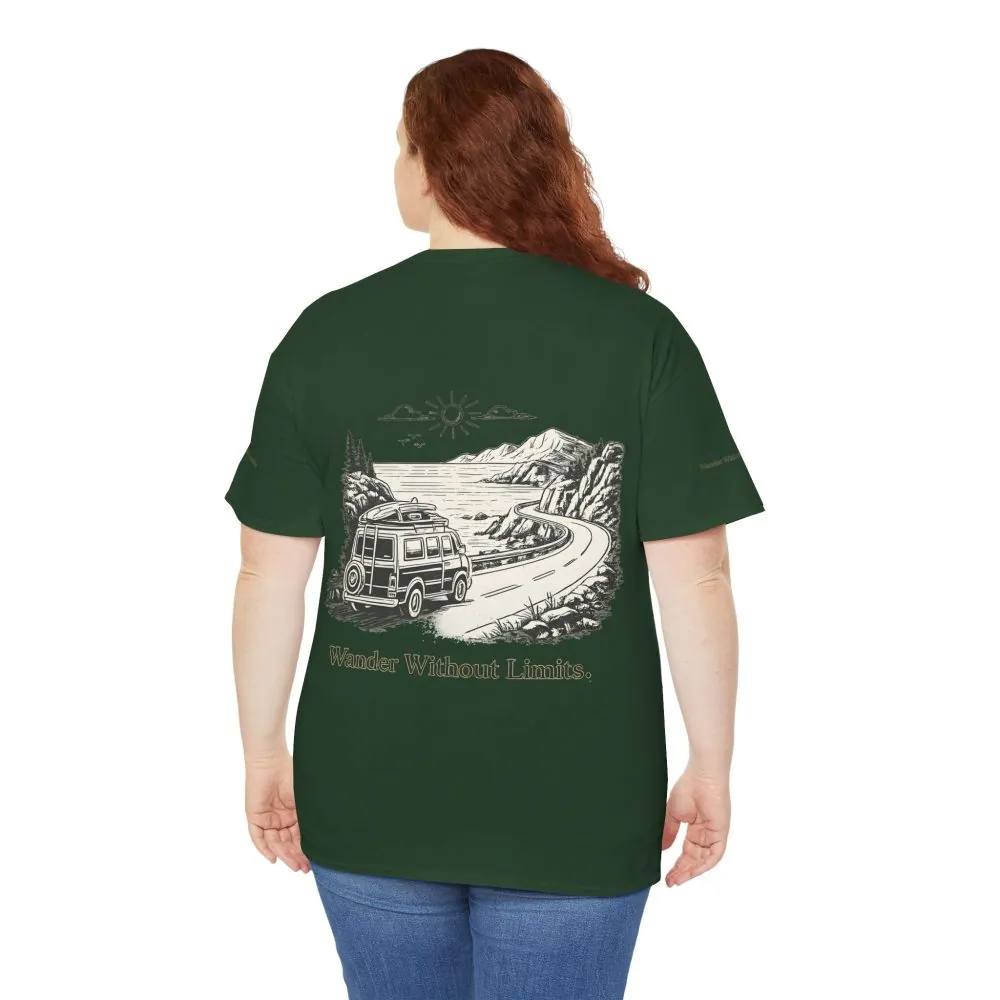 Unisex Heavy Cotton Tee — "Wander Without Limits" Design Minimal-Line