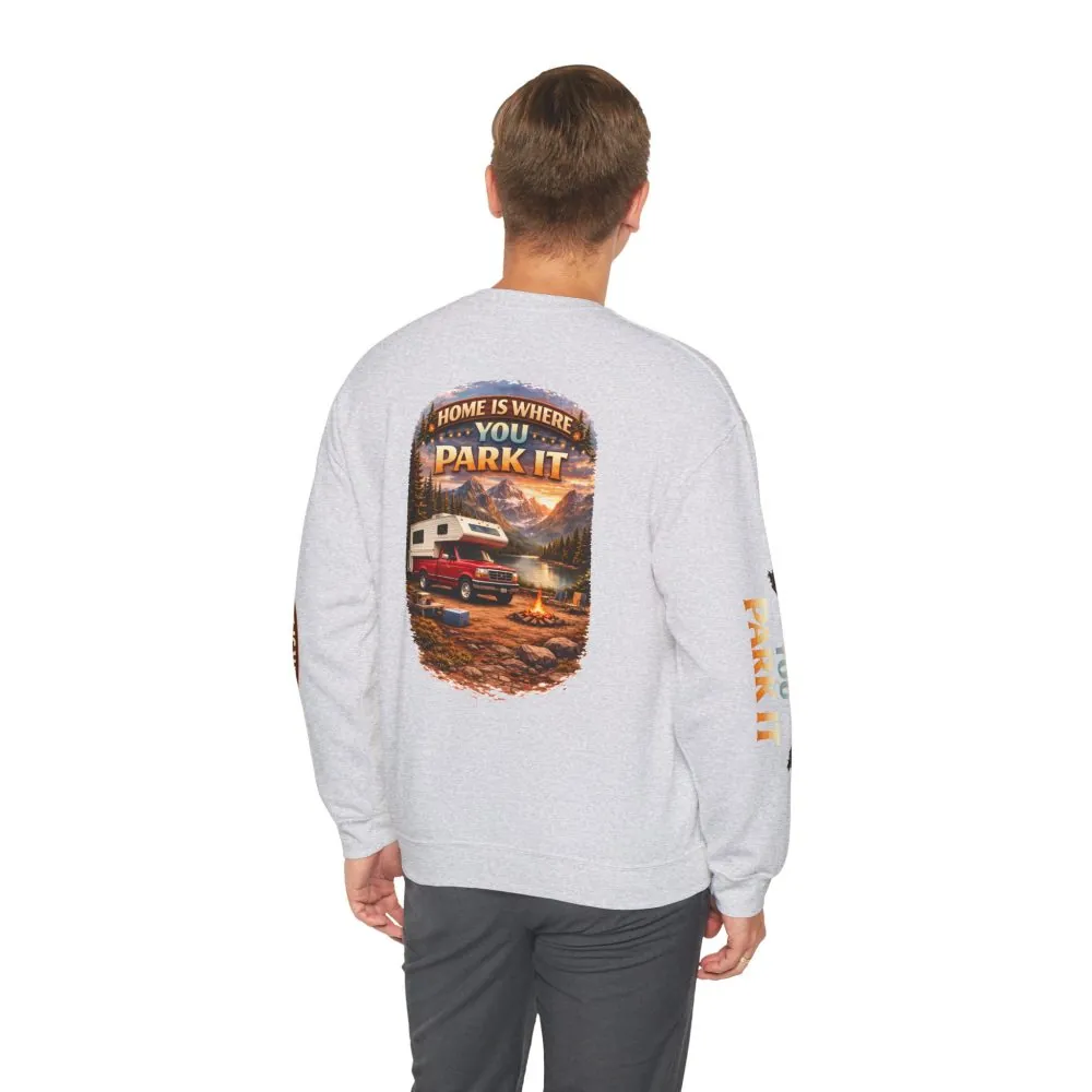 Unisex Heavy Blend™ Crewneck Sweatshirt — "Home Is Where You Park It" Design Scenic-Line