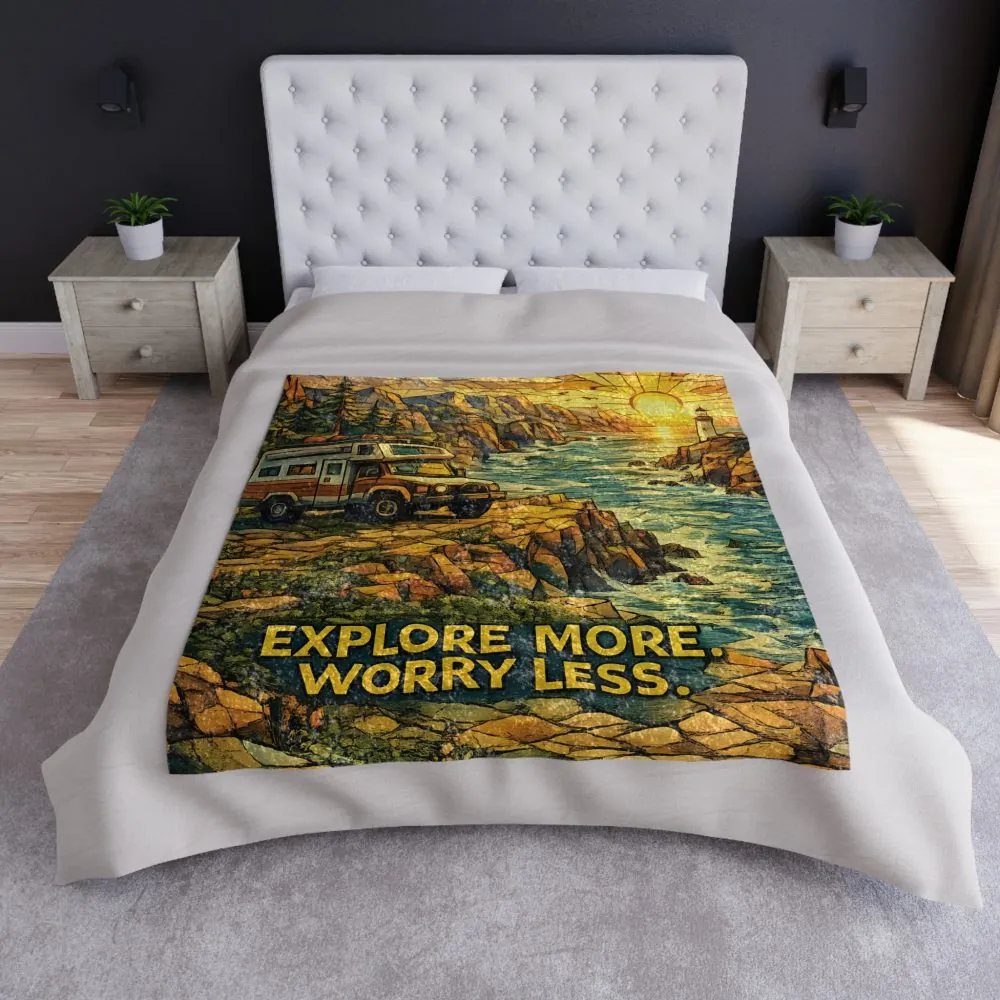Crushed Velvet Blanket —"Explore More Worry Less" Design Cubic-Line (Campervan)